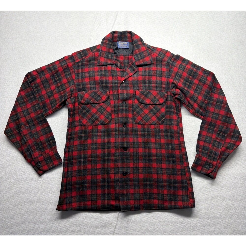 Vintage 60s Pendleton Loop Collar Red Black Plaid Wool Board Shirt Men’s Small